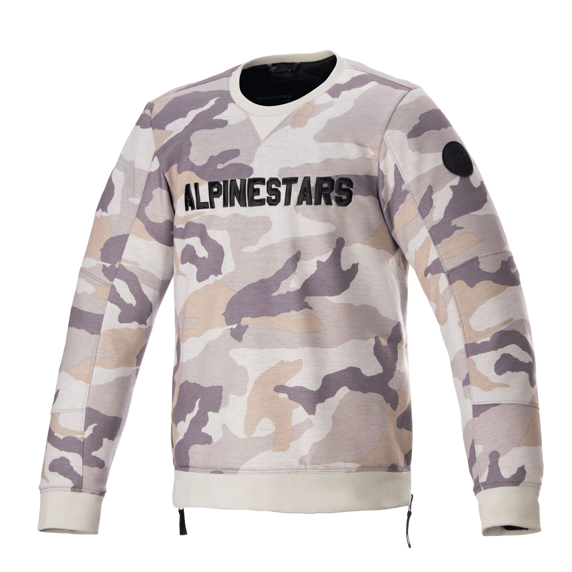 Alpinestars Legit Crew Fleece, pullover da moto, mimetico grigio chiaro, vistoso logo ALPINESTARS nero sul petto, patch circolare nera sulla manica, polsini e orlo a coste, abbigliamento casual per guida urbana