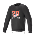 Alpinestars FQ20 Legit Crew Fleece, felpa da moto a maniche lunghe nera, con grafica '20' rosso con corna da diavolo e 'El Diablo' sul petto, logo sfumato blu e rosso, cerniere laterali e finiture a costine, abbigliamento da moto urban casual