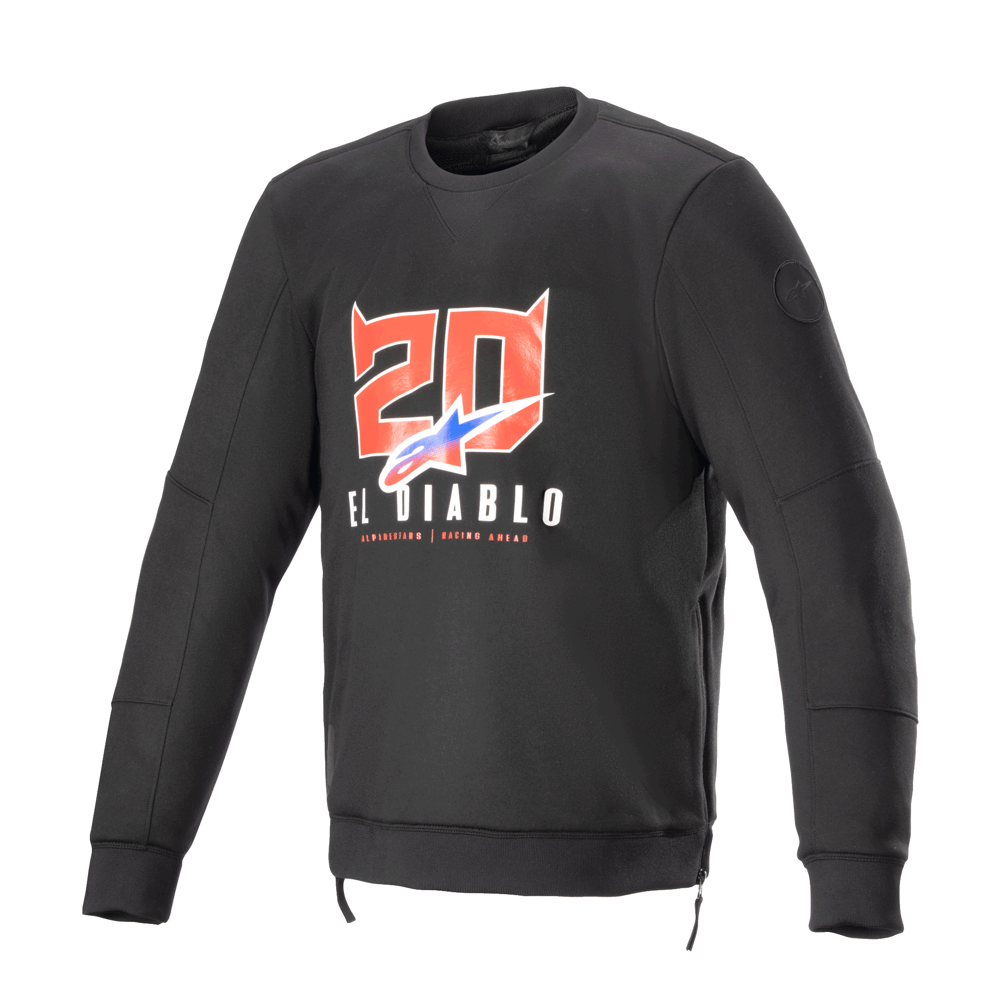 Alpinestars FQ20 Legit Crew Fleece, felpa da moto a maniche lunghe nera, con grafica '20' rosso con corna da diavolo e 'El Diablo' sul petto, logo sfumato blu e rosso, cerniere laterali e finiture a costine, abbigliamento da moto urban casual