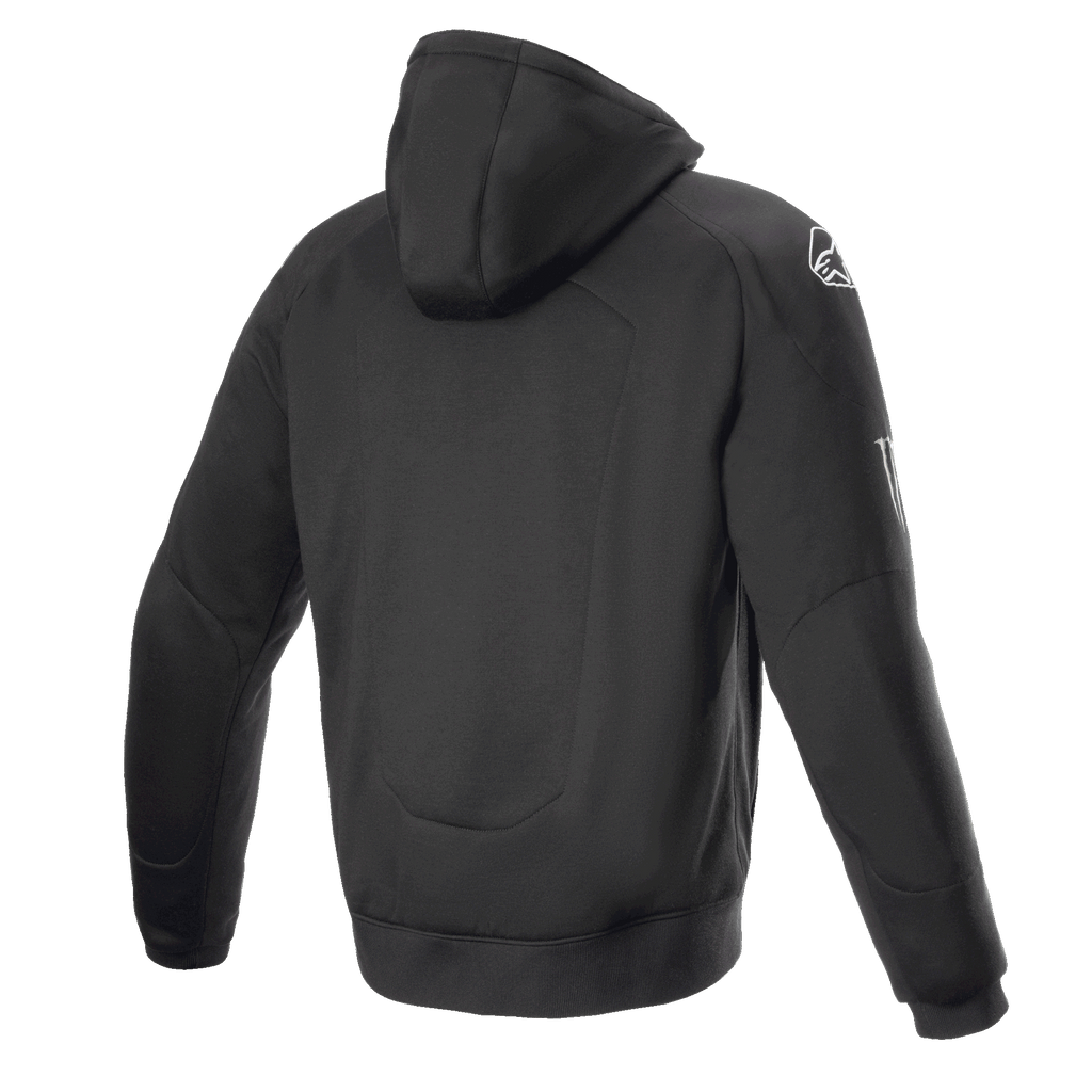 Alpinestars FQ20 Chrome Ignition Monster Hoodie, felpa da moto nera, vista posteriore, logo Alpinestars bianco sulla spalla, marchio Monster Energy sulla manica, design urbano casual con costruzione in tessuto protettivo