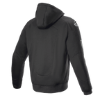Alpinestars FQ20 Chrome Ignition Monster Hoodie, felpa da moto nera, vista posteriore, logo Alpinestars bianco sulla spalla, marchio Monster Energy sulla manica, design urbano casual con costruzione in tessuto protettivo