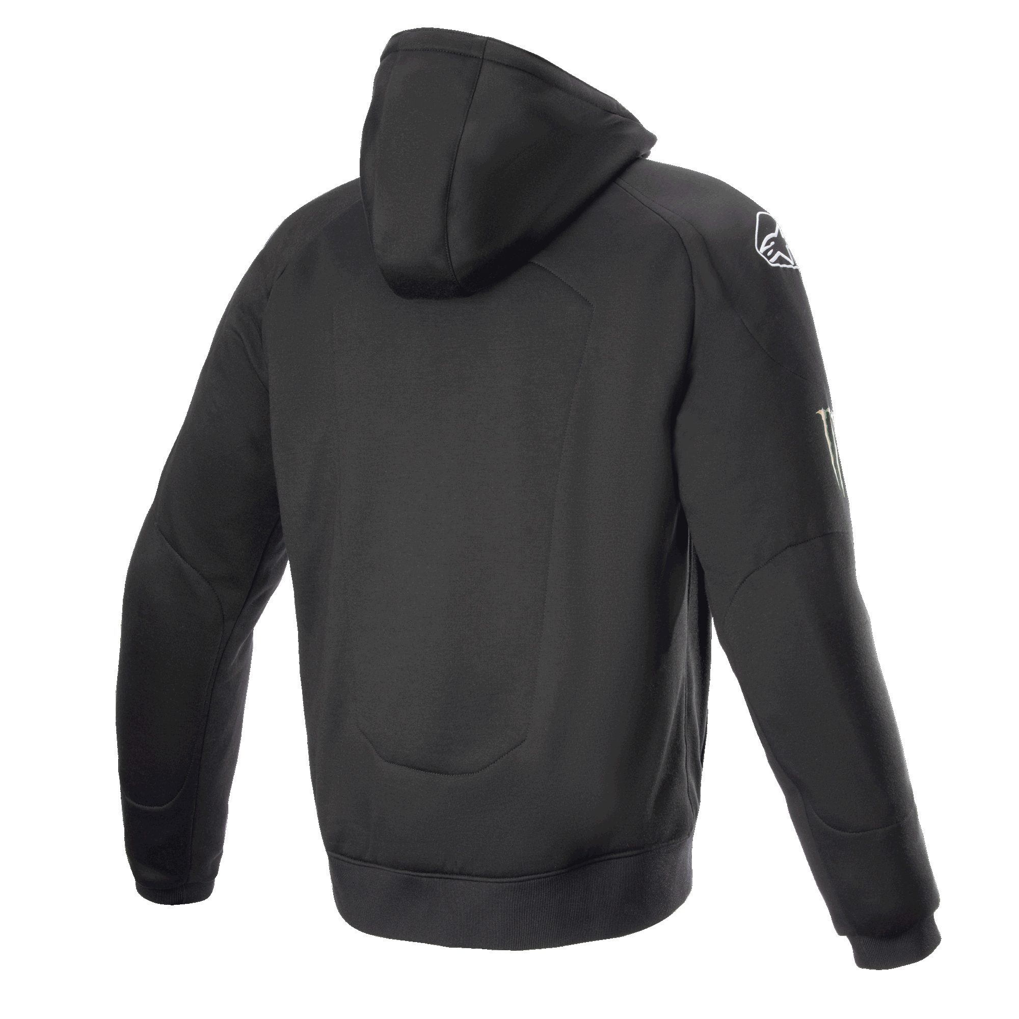 Alpinestars FQ20 Chrome Ignition Monster Hoodie, felpa da moto nera, vista posteriore, logo Alpinestars bianco sulla spalla, marchio Monster Energy sulla manica, design urbano casual con costruzione in tessuto protettivo