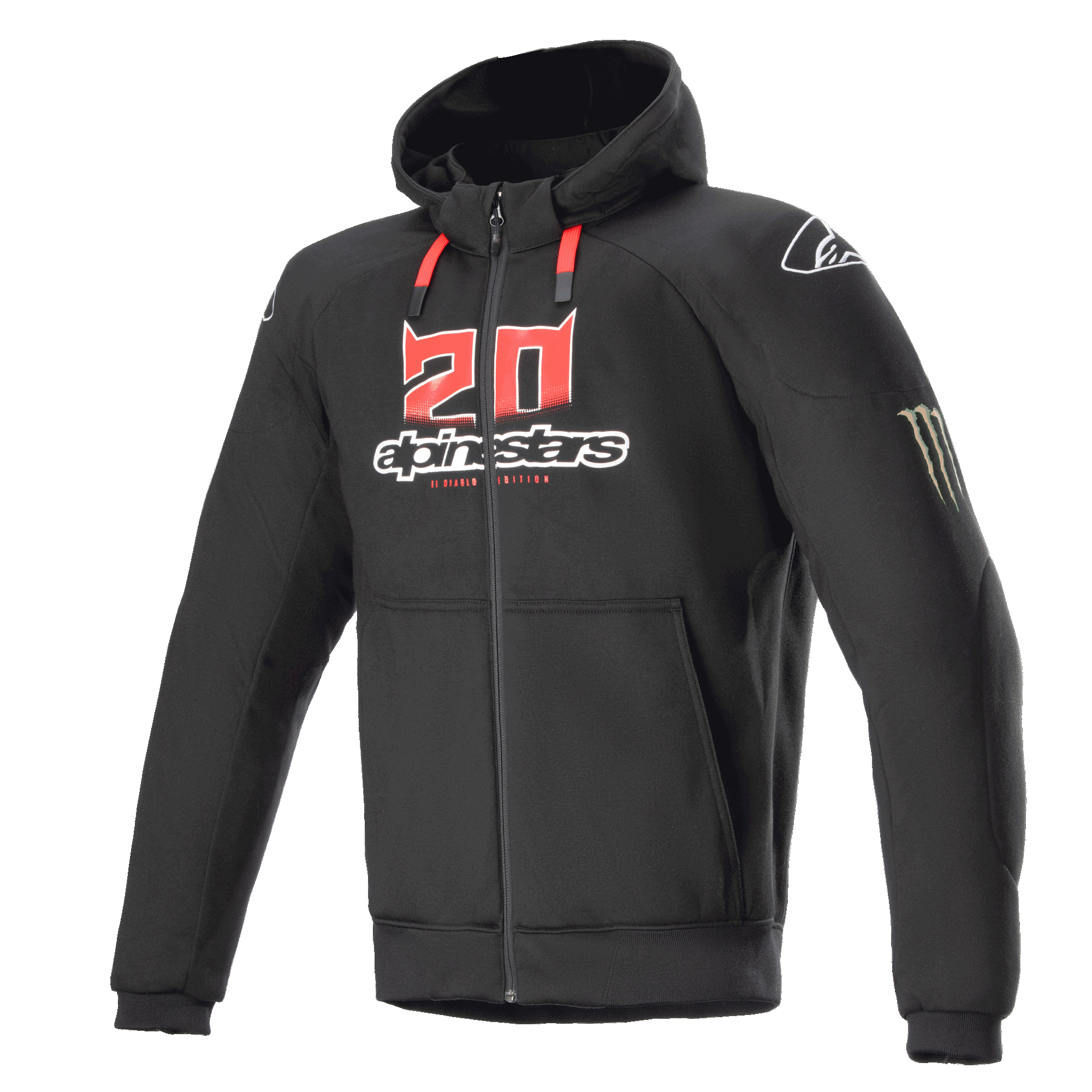 Alpinestars FQ20 Chrome Ignition Monster Hoodie, felpa da moto nera con zip, logo '20' rosso e bianco sul petto, scritta Alpinestars, cordoncini rossi, logo bianco sulla spalla, artiglio Monster Energy sulla manica, abbigliamento protettivo per la guida urbana