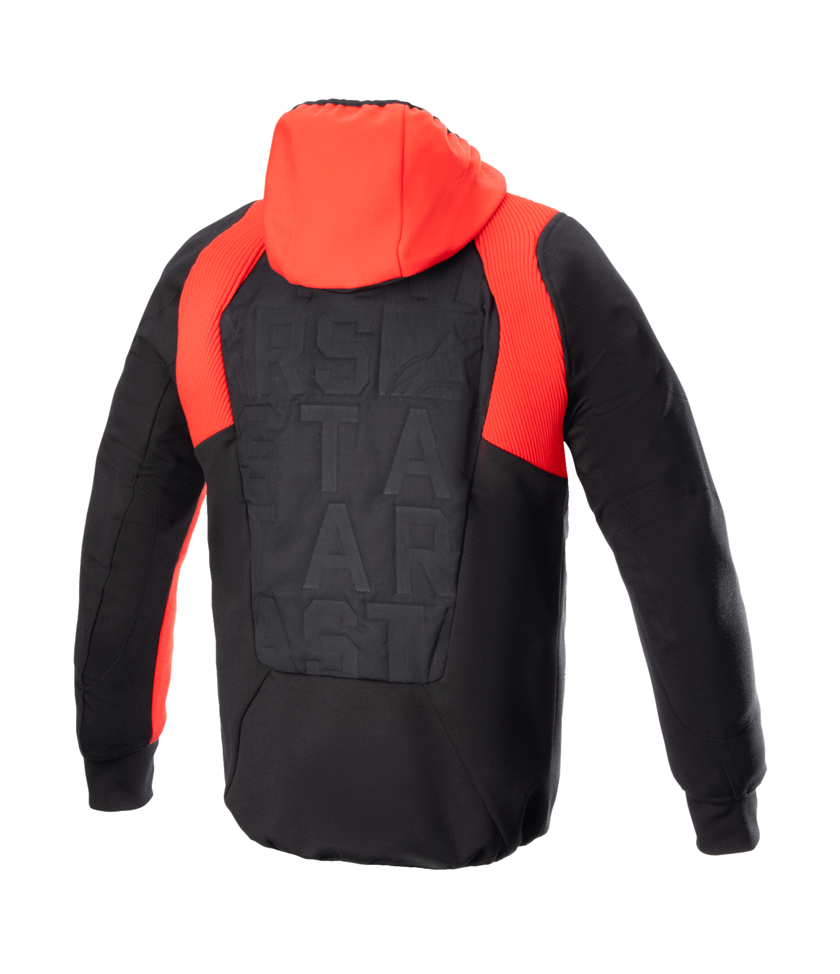Giacca con cappuccio Alpinestars MO.ST.EQ Hybrid, vista posteriore, nero e rosso Flame Red, con cappuccio rosso acceso e dettagli a coste sulle spalle, pannello posteriore imbottito senza cuciture con branding tono su tono, felpa protettiva da moto urbana