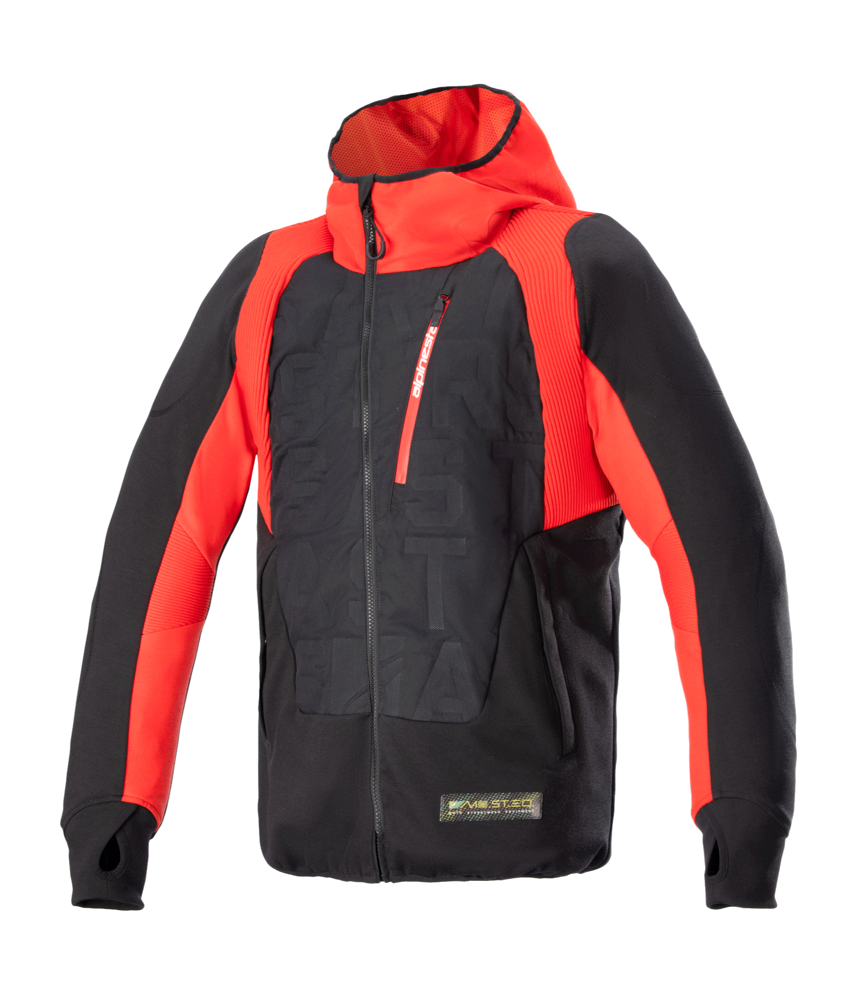 Alpinestars MO.ST.EQ Hybrid Hooded Jacket, nero e rosso flame, felpa tecnica da moto con cappuccio con cerniera frontale angolata, tasca rossa sul petto, motivo a rilievo sul busto e passanti per i pollici, che unisce lo streetwear urbano a un equipaggiamento protettivo da guida