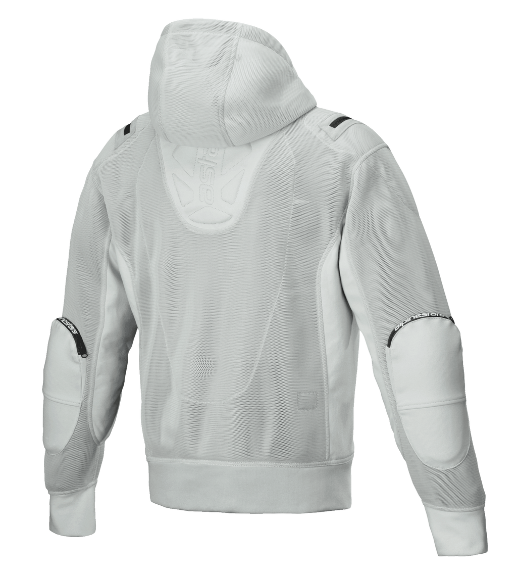 Alpinestars Moflow Air Tech Hoodie, giacca da moto da uomo, grigio, vista posteriore con costruzione in mesh ad alta densità, cappuccio in mesh, pannelli rinforzati sui gomiti e discreto branding Alpinestars, design urban tech-wear