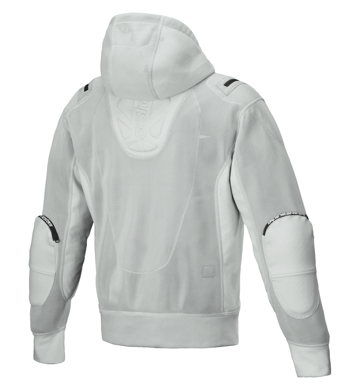 Alpinestars Moflow Air Tech Hoodie, giacca da moto da uomo, grigio, vista posteriore con costruzione in mesh ad alta densità, cappuccio in mesh, pannelli rinforzati sui gomiti e discreto branding Alpinestars, design urban tech-wear