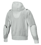 Alpinestars Moflow Air Tech Hoodie, giacca da moto da uomo, grigio, vista posteriore con costruzione in mesh ad alta densità, cappuccio in mesh, pannelli rinforzati sui gomiti e discreto branding Alpinestars, design urban tech-wear