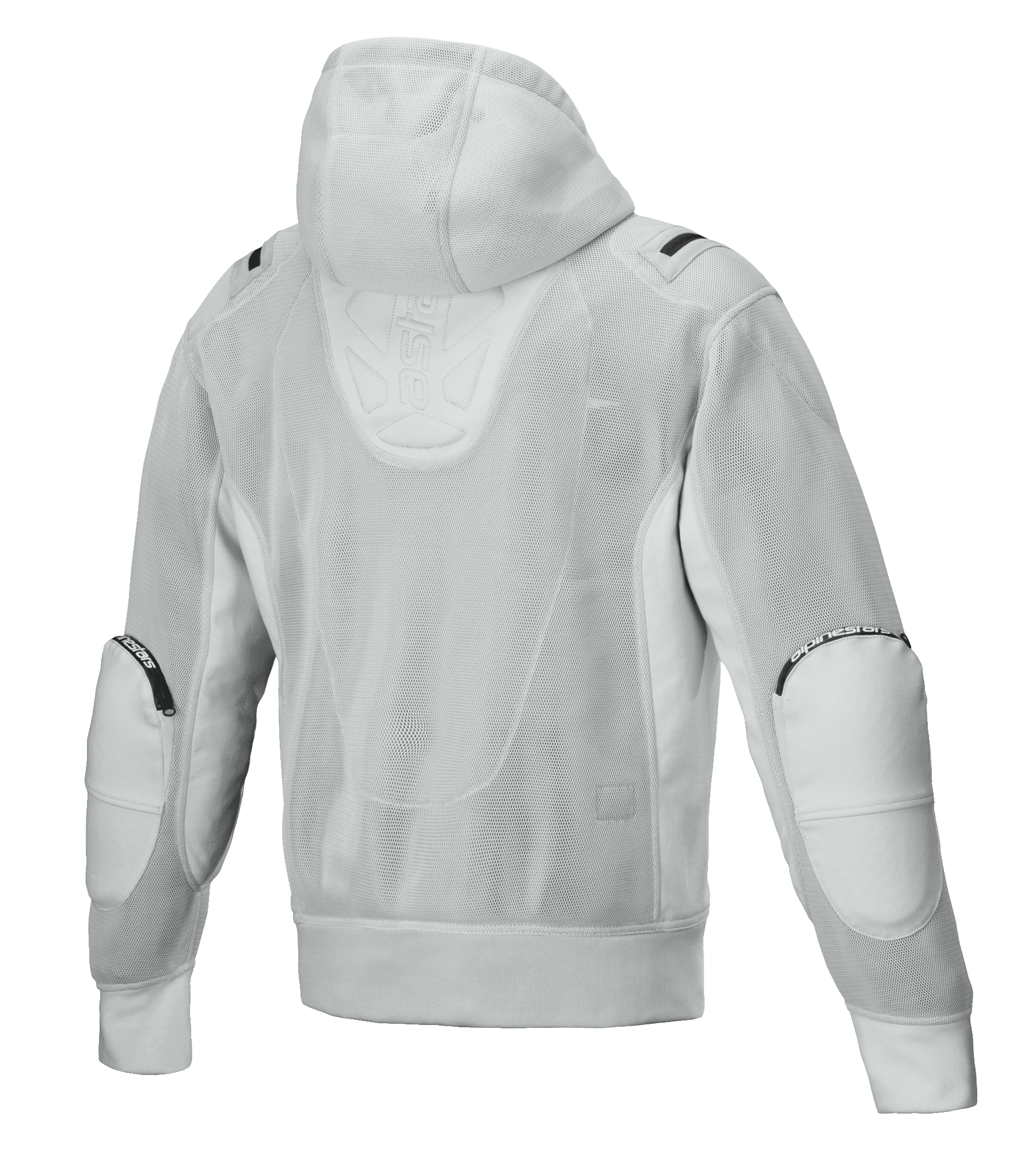 Alpinestars Moflow Air Tech Hoodie, giacca da moto da uomo, grigio, vista posteriore con costruzione in mesh ad alta densità, cappuccio in mesh, pannelli rinforzati sui gomiti e discreto branding Alpinestars, design urban tech-wear