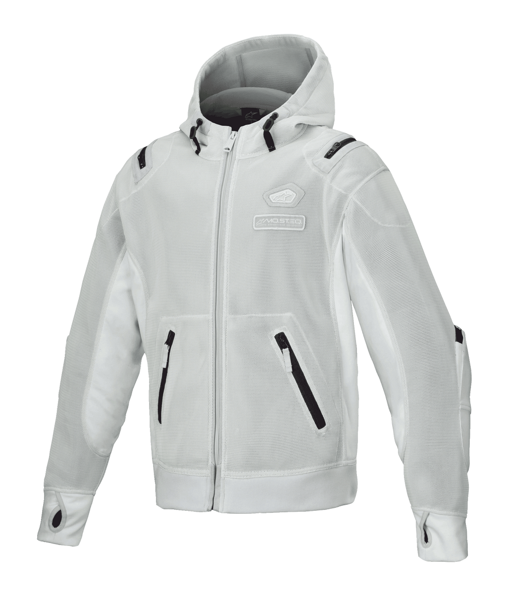 Alpinestars Moflow Air Tech Hoodie, giacca da moto da uomo in mesh, grigio chiaro con dettagli neri, costruzione interamente in mesh, tasche con cerniera, polsini con fori per il pollice, abbigliamento moto urban