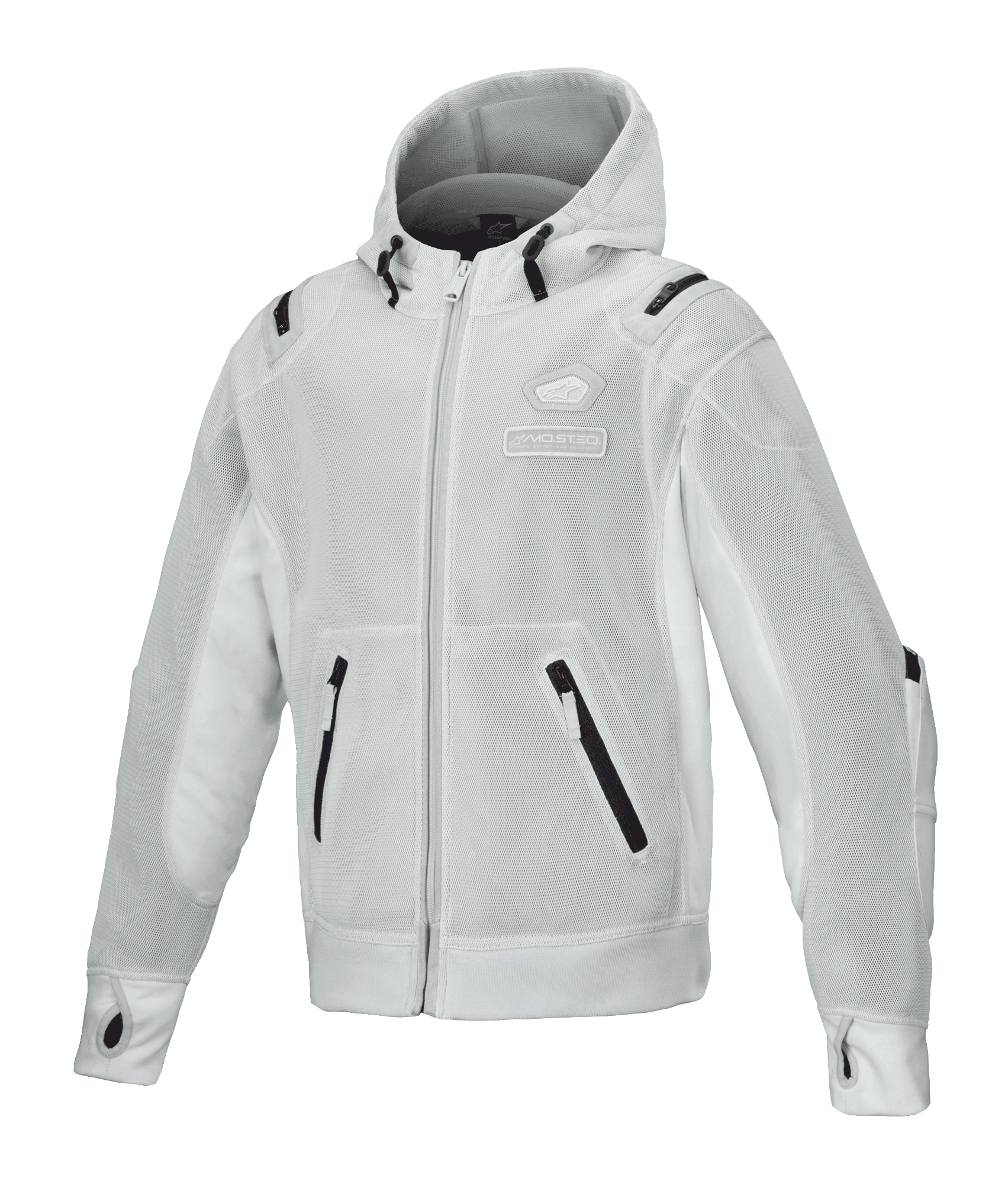 Alpinestars Moflow Air Tech Hoodie, giacca da moto da uomo in mesh, grigio chiaro con dettagli neri, costruzione interamente in mesh, tasche con cerniera, polsini con fori per il pollice, abbigliamento moto urban
