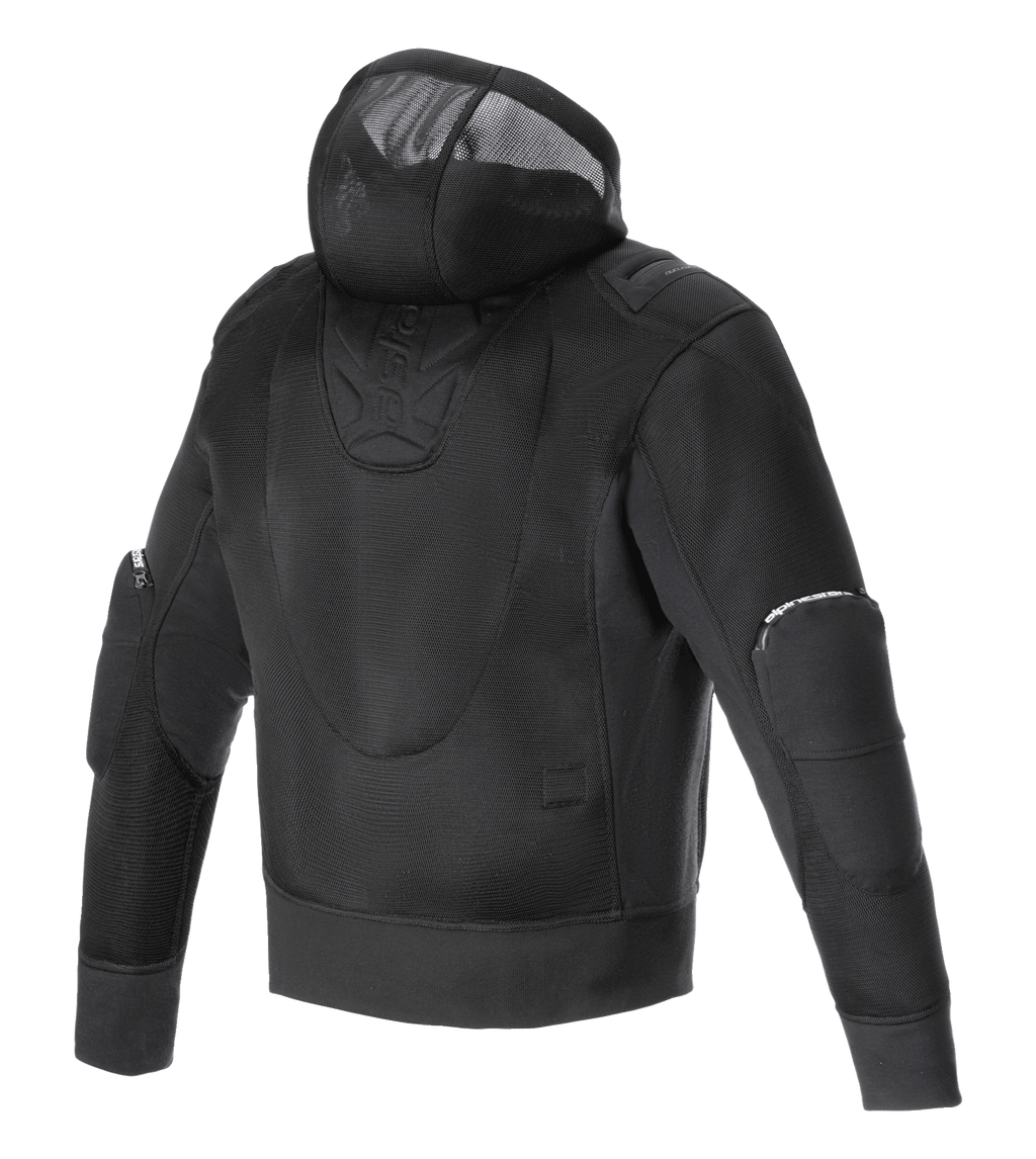 Alpinestars Moflow Air Tech Hoodie, giacca da moto da uomo, nero, vista posteriore con costruzione interamente in mesh ad alta densità, cappuccio in mesh integrato e pannelli protettivi sui gomiti, progettata per la massima ventilazione e stile urbano.