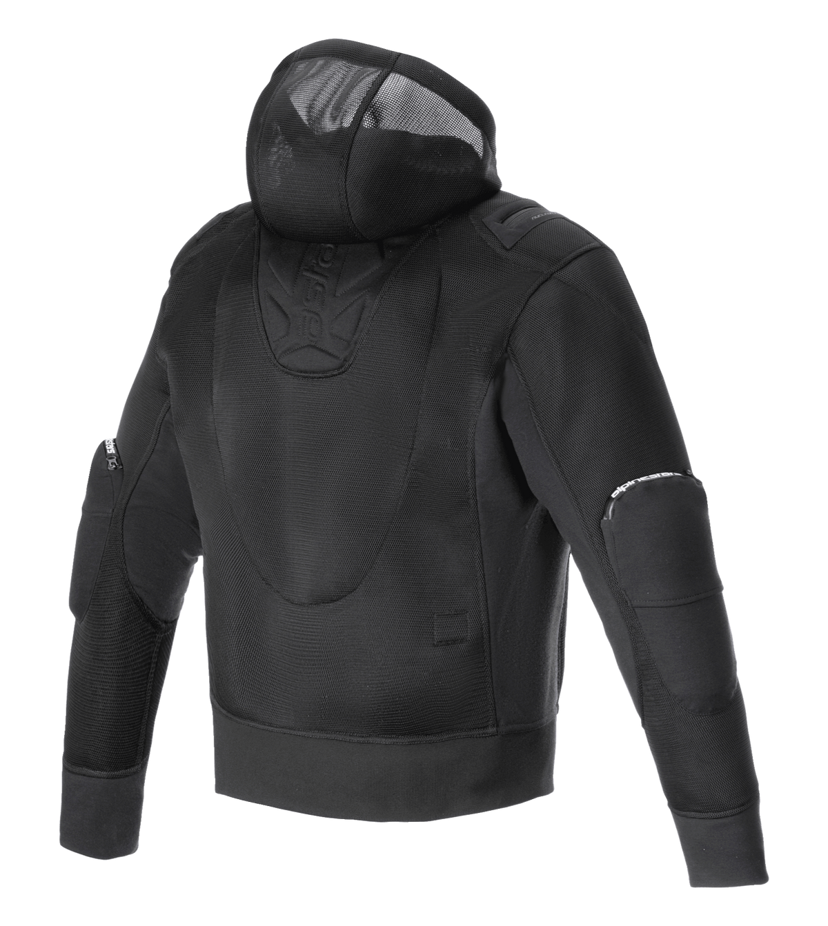 Alpinestars Moflow Air Tech Hoodie, giacca da moto da uomo, nero, vista posteriore con costruzione interamente in mesh ad alta densità, cappuccio in mesh integrato e pannelli protettivi sui gomiti, progettata per la massima ventilazione e stile urbano.