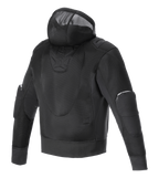 Alpinestars Moflow Air Tech Hoodie, giacca da moto da uomo, nero, vista posteriore con costruzione interamente in mesh ad alta densità, cappuccio in mesh integrato e pannelli protettivi sui gomiti, progettata per la massima ventilazione e stile urbano.