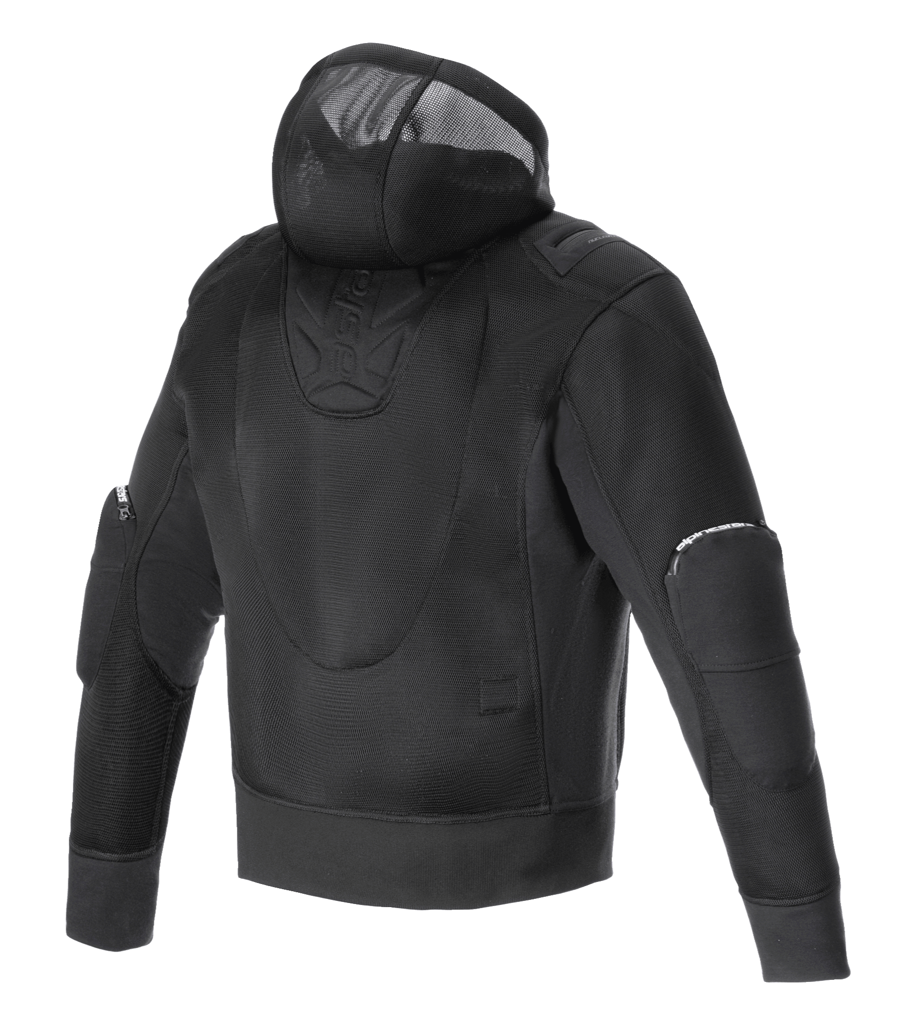 Alpinestars Moflow Air Tech Hoodie, giacca da moto da uomo, nero, vista posteriore con costruzione interamente in mesh ad alta densità, cappuccio in mesh integrato e pannelli protettivi sui gomiti, progettata per la massima ventilazione e stile urbano.