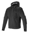 Alpinestars Moflow Air Tech Hoodie, felpa tecnica da moto nera con telaio in mesh ad alta densità, tasche laterali con zip, fori per i pollici ai polsini, protezioni integrate per spalle e gomiti, cappuccio in mesh con coulisse, design sportivo urbano per la guida estiva
