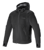 Alpinestars Moflow Air Tech Hoodie, felpa tecnica da moto nera con telaio in mesh ad alta densità, tasche laterali con zip, fori per i pollici ai polsini, protezioni integrate per spalle e gomiti, cappuccio in mesh con coulisse, design sportivo urbano per la guida estiva