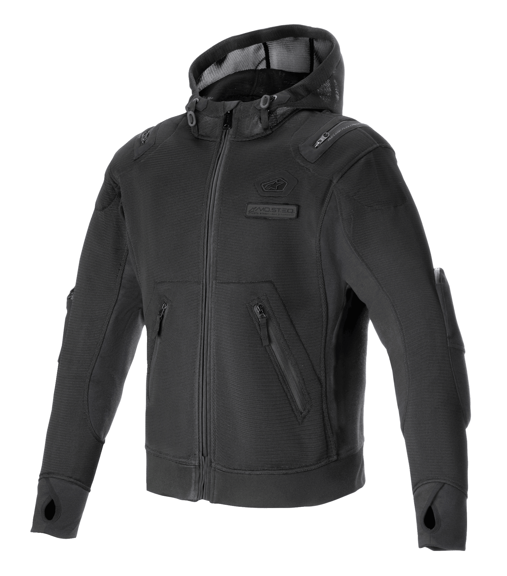 Alpinestars Moflow Air Tech Hoodie, felpa tecnica da moto nera con telaio in mesh ad alta densità, tasche laterali con zip, fori per i pollici ai polsini, protezioni integrate per spalle e gomiti, cappuccio in mesh con coulisse, design sportivo urbano per la guida estiva