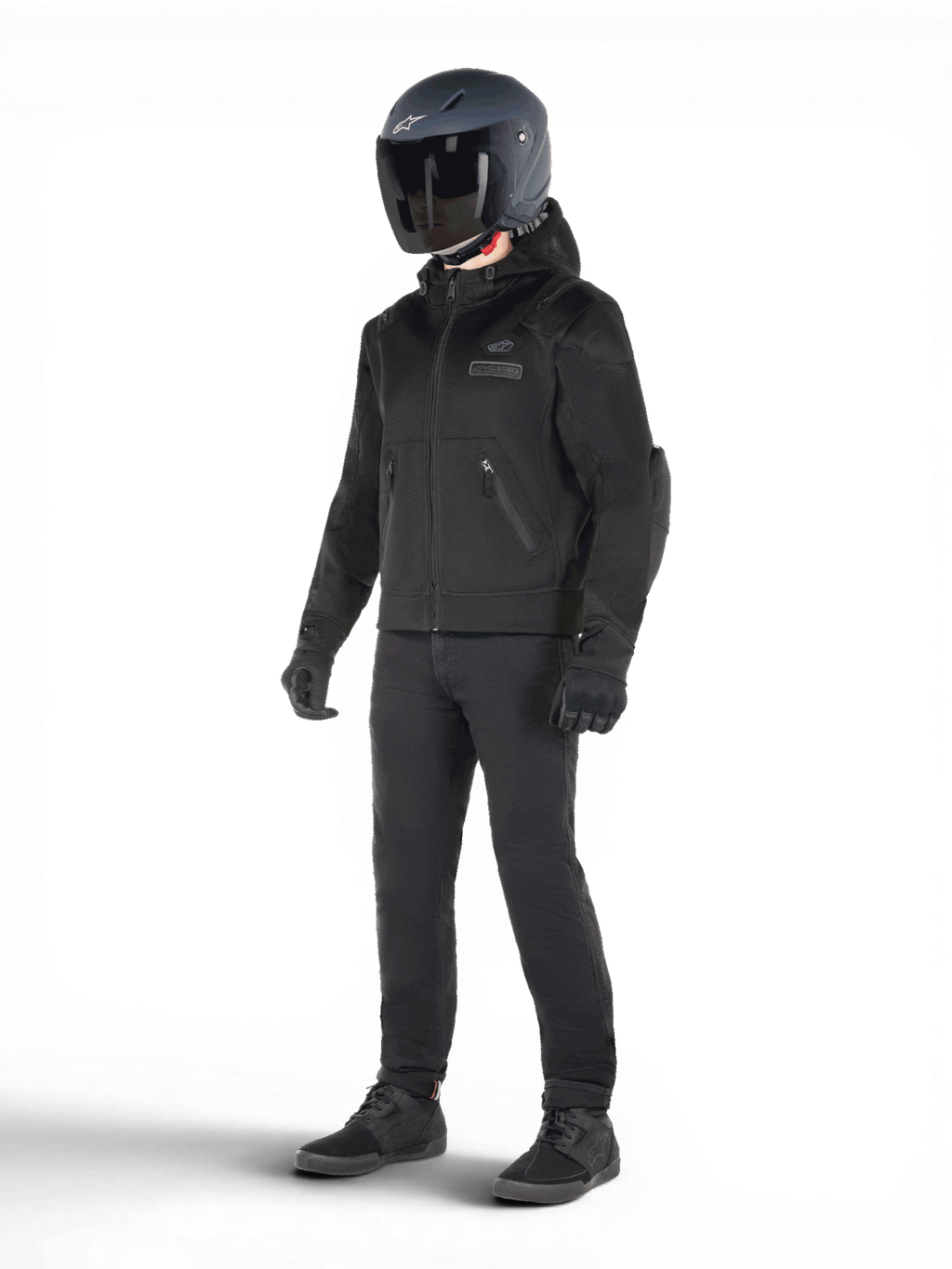 Alpinestars Felpa con cappuccio Moflow Air Tech, giacca da moto urban da uomo, nera, in mesh traspirante, predisposta per sistema airbag Tech-Air 3, con protezioni Nucleon Flex Plus, indossata da un modello con casco