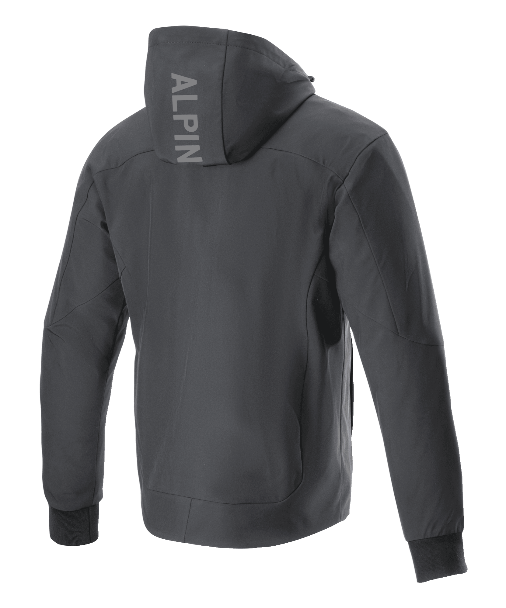 Felpa con cappuccio Alpinestars Radium Tech, giacca da moto, nero, vista posteriore con logo ALPIN verticale sul cappuccio, costruzione in tech shell 3L antivento, polsini elasticizzati a costine, stile urbano contemporaneo