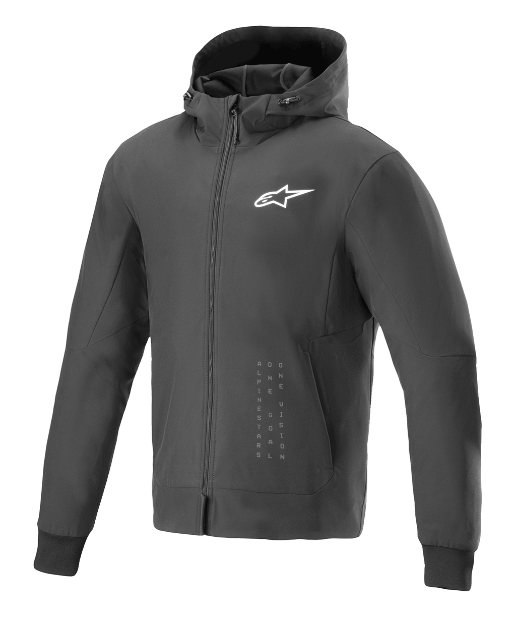 Alpinestars Radium Tech Hoodie, giacca da moto urbana nera e bianca, con logo a stella bianco sul petto e branding verticale, design con cappuccio e zip integrale, polsini a coste, vestibilità sportiva moderna