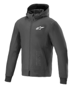 Alpinestars Radium Tech Hoodie, giacca da moto urbana nera e bianca, con logo a stella bianco sul petto e branding verticale, design con cappuccio e zip integrale, polsini a coste, vestibilità sportiva moderna