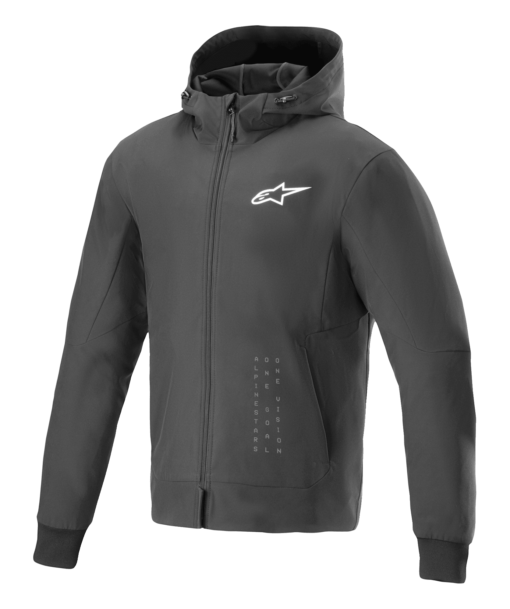Alpinestars Radium Tech Hoodie, giacca da moto urbana nera e bianca, con logo a stella bianco sul petto e branding verticale, design con cappuccio e zip integrale, polsini a coste, vestibilità sportiva moderna