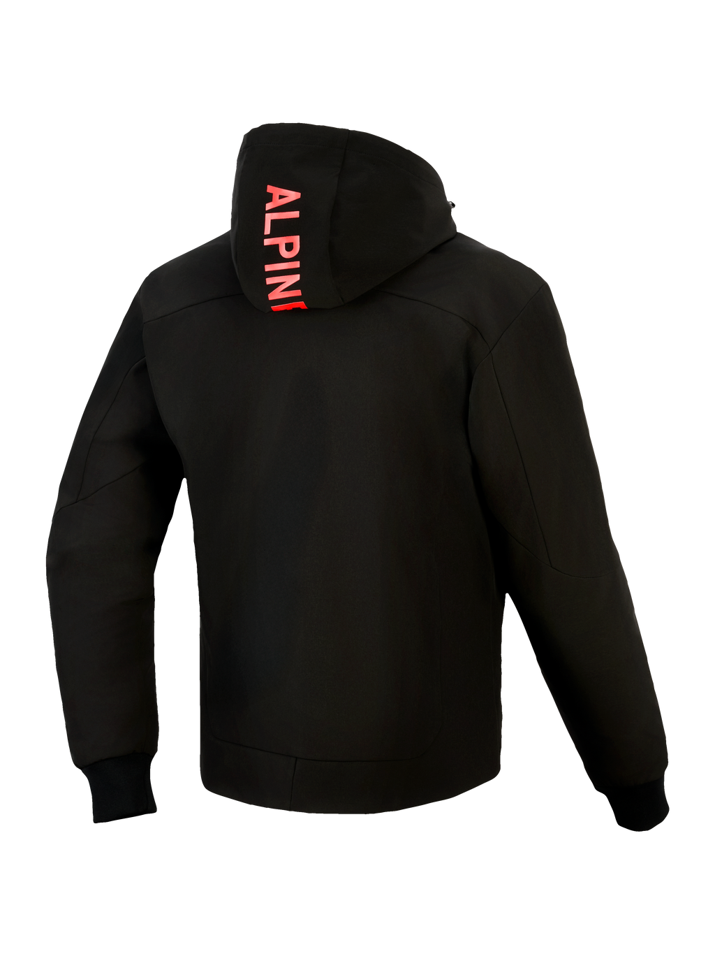 Alpinestars Radium Tech Hoodie, vista posteriore, nero con rosso brillante, caratterizzata da marchio Alpinestars verticale sul cappuccio, guscio tecnico antivento a 3 strati, polsini elasticizzati a coste e vestibilità atletica urbana.