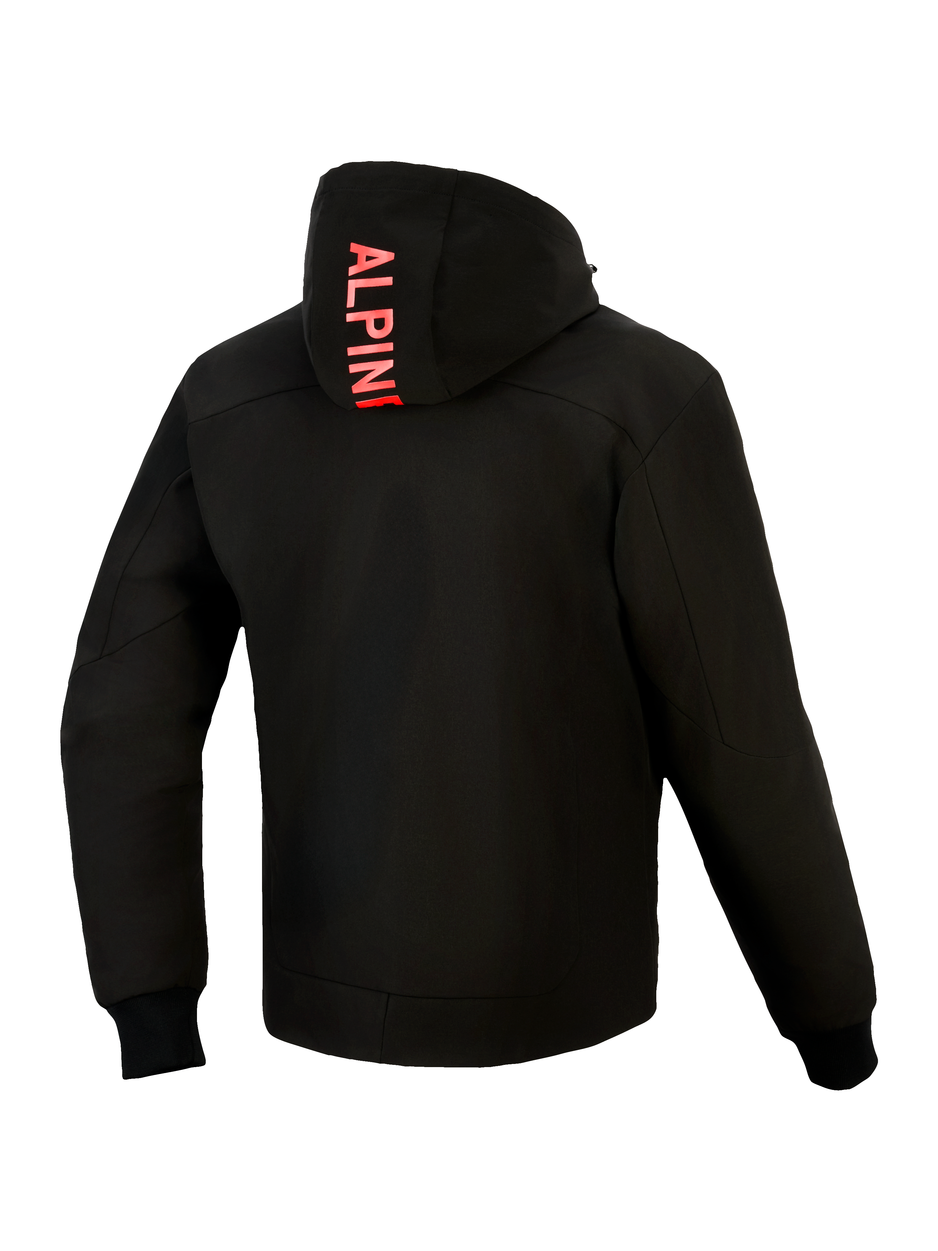 Alpinestars Radium Tech Hoodie, vista posteriore, nero con rosso brillante, caratterizzata da marchio Alpinestars verticale sul cappuccio, guscio tecnico antivento a 3 strati, polsini elasticizzati a coste e vestibilità atletica urbana.