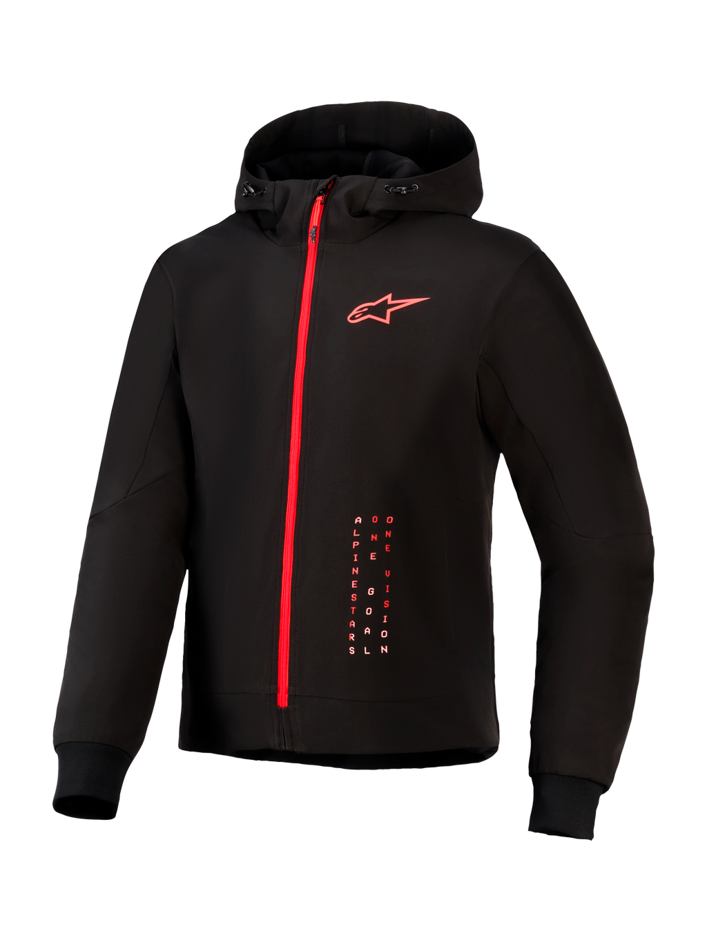 Alpinestars Radium Tech Hoodie, giacca da moto urbana, nero e rosso acceso, con cerniera rossa integrale, logo Alpinestars rosso sul petto, cappuccio con coulisse e polsini a coste su un guscio tecnico antivento