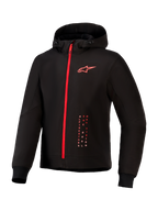 Alpinestars Radium Tech Hoodie, giacca da moto urbana, nero e rosso acceso, con cerniera rossa integrale, logo Alpinestars rosso sul petto, cappuccio con coulisse e polsini a coste su un guscio tecnico antivento