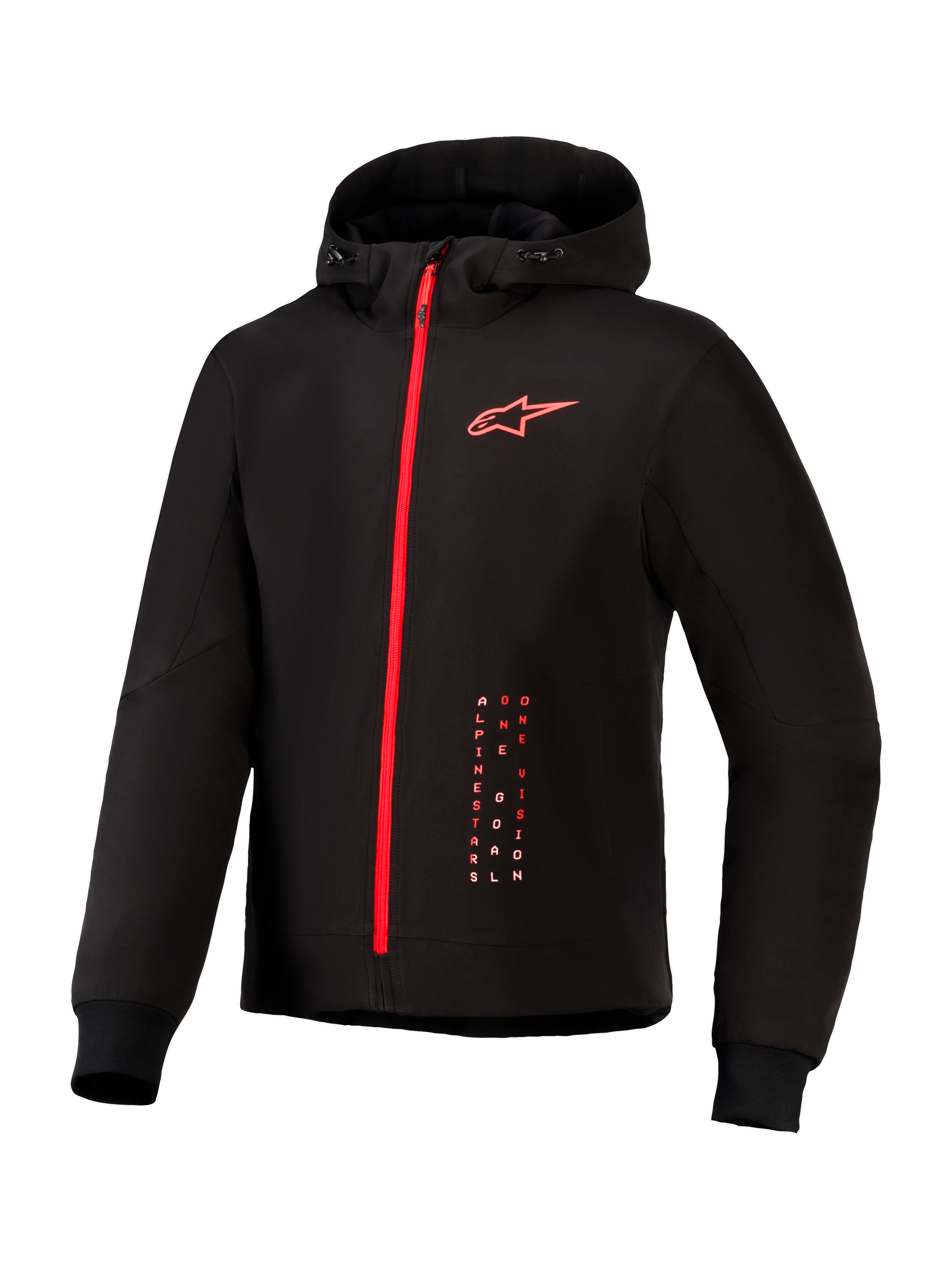 Alpinestars Radium Tech Hoodie, giacca da moto urbana, nero e rosso acceso, con cerniera rossa integrale, logo Alpinestars rosso sul petto, cappuccio con coulisse e polsini a coste su un guscio tecnico antivento