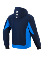 Alpinestars Radium Tech Hoodie, felpa tecnica da moto, Night Navy e Royal Blue, vista posteriore con logo 'ALPIN' bianco verticale sul cappuccio, pannelli laterali e bordo inferiore blu acceso, polsini a coste, design atletico urbano