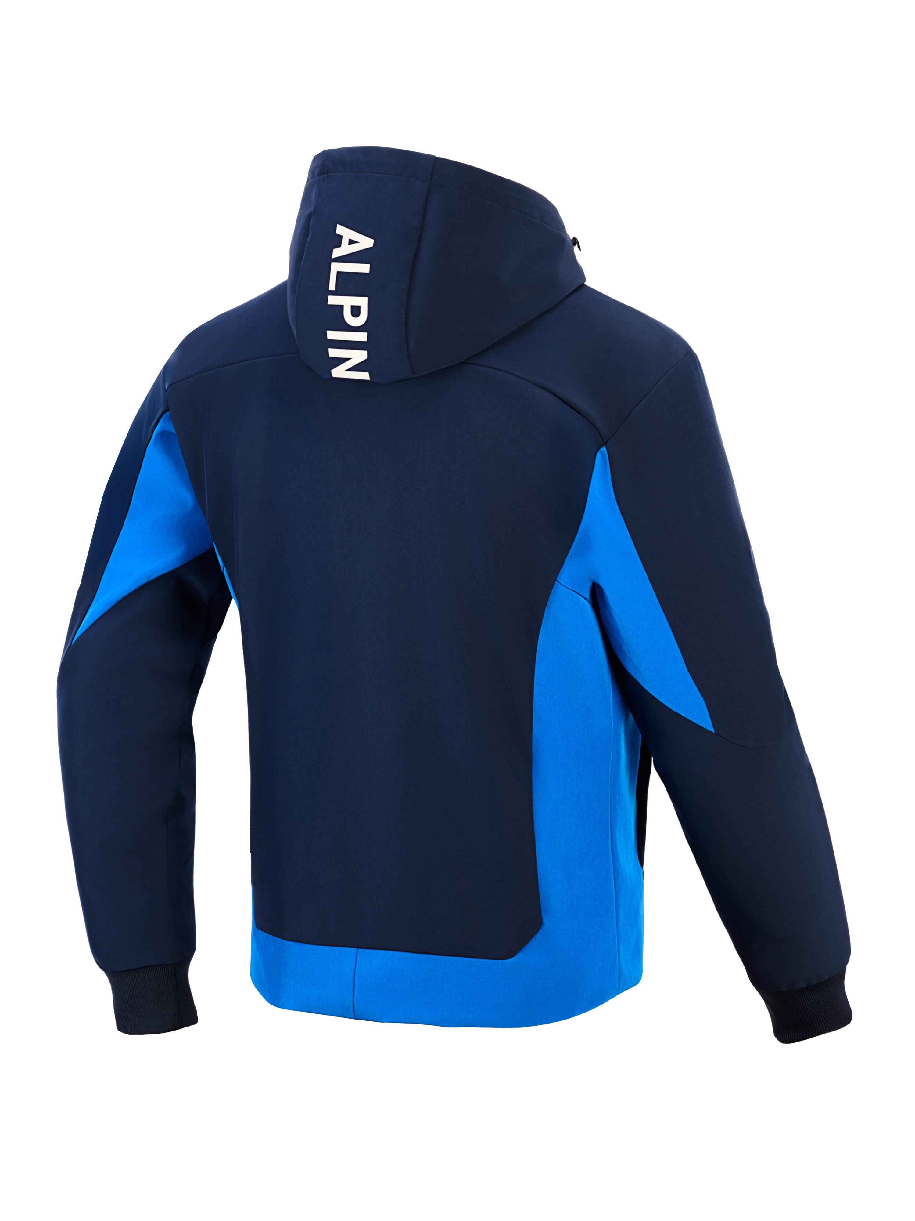 Alpinestars Radium Tech Hoodie, felpa tecnica da moto, Night Navy e Royal Blue, vista posteriore con logo 'ALPIN' bianco verticale sul cappuccio, pannelli laterali e bordo inferiore blu acceso, polsini a coste, design atletico urbano