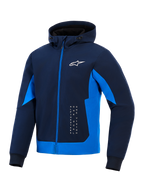 Alpinestars Radium Tech Hoodie, Night Navy e Royal Blue, felpa tecnica con cappuccio e zip integrale, logo Astar bianco e branding verticale, giacca da moto urbana