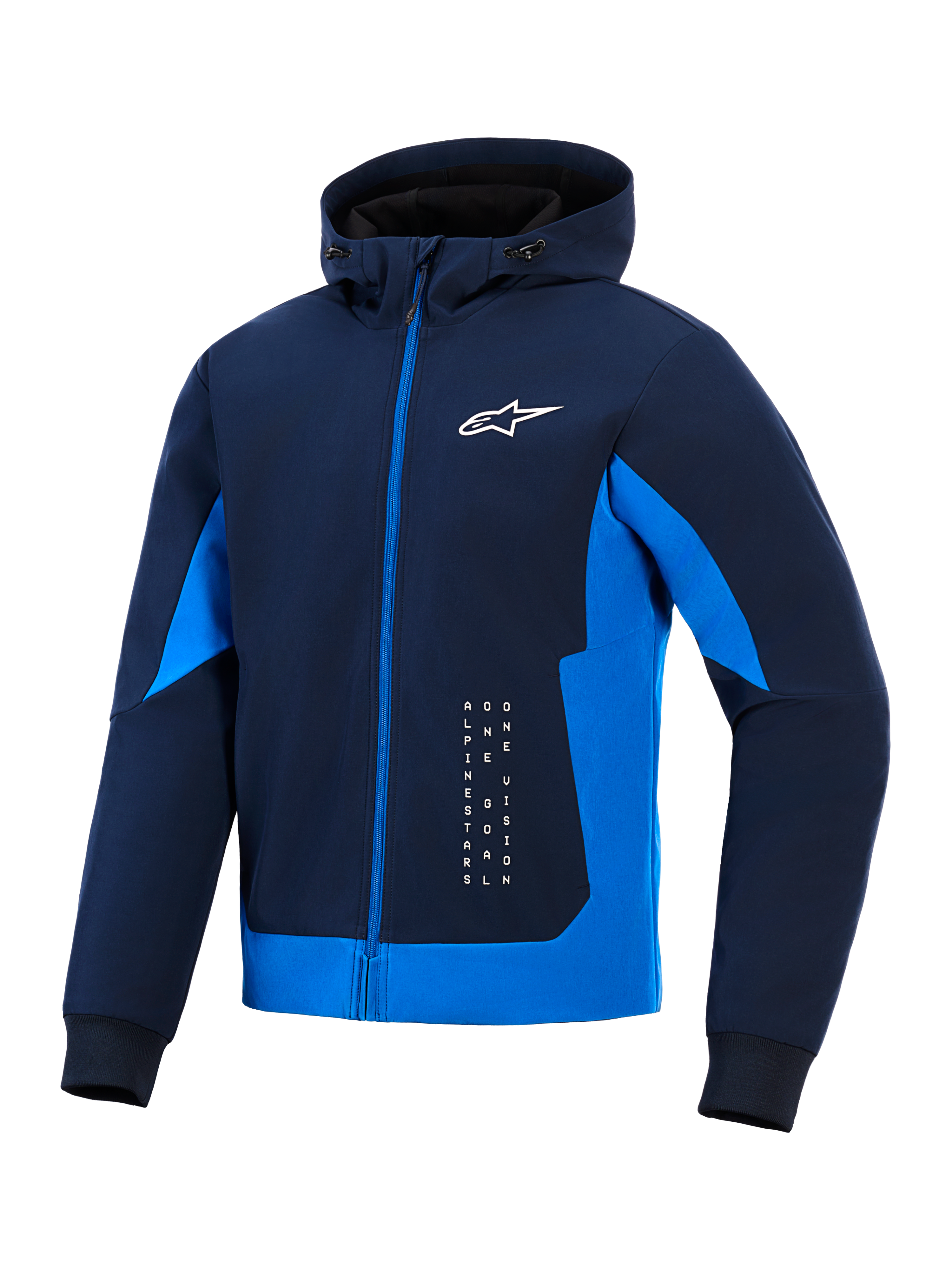 Alpinestars Radium Tech Hoodie, Night Navy e Royal Blue, felpa tecnica con cappuccio e zip integrale, logo Astar bianco e branding verticale, giacca da moto urbana
