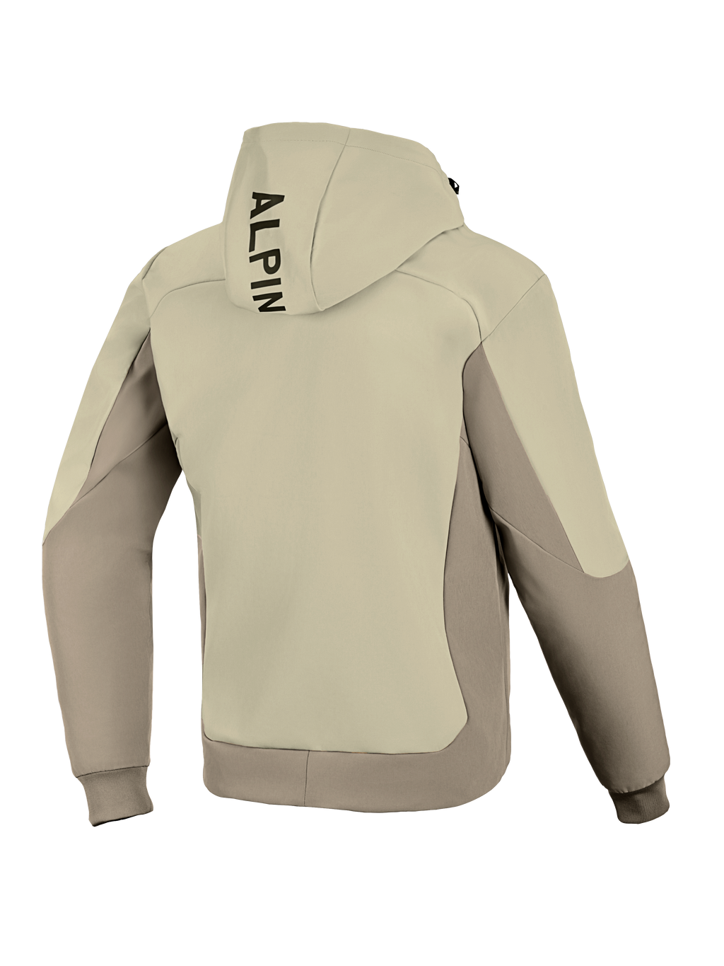 Alpinestars Radium Tech Hoodie, vista posteriore, Mastic Aluminum, giacca da moto urbana, design tessile bicolore beige e grigio, branding nero verticale sul cappuccio, polsini e orlo a coste, guscio tecnico antivento per guida urbana.