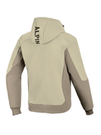 Alpinestars Radium Tech Hoodie, vista posteriore, Mastic Aluminum, giacca da moto urbana, design tessile bicolore beige e grigio, branding nero verticale sul cappuccio, polsini e orlo a coste, guscio tecnico antivento per guida urbana.