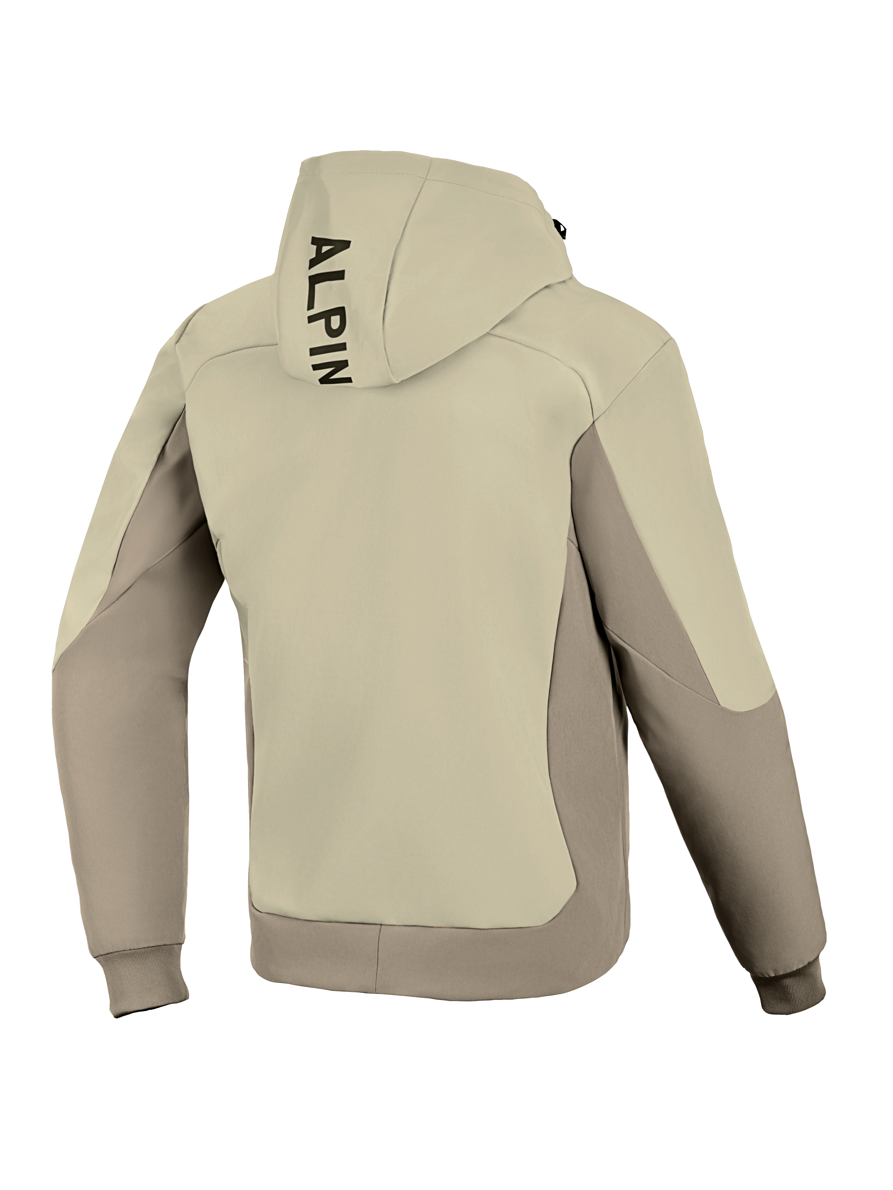 Alpinestars Radium Tech Hoodie, vista posteriore, Mastic Aluminum, giacca da moto urbana, design tessile bicolore beige e grigio, branding nero verticale sul cappuccio, polsini e orlo a coste, guscio tecnico antivento per guida urbana.