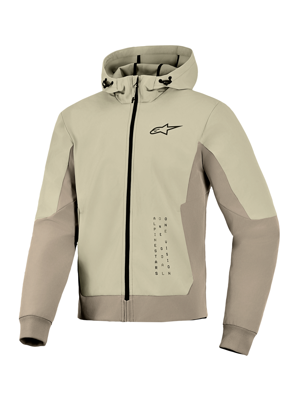 Alpinestars Radium Tech Hoodie, felpa tecnica da moto, colore Mastic Aluminum, design con chiusura a zip, piccolo logo nero sul petto e grafica verticale, guscio antivento con cappuccio regolabile