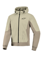 Alpinestars Radium Tech Hoodie, felpa tecnica da moto, colore Mastic Aluminum, design con chiusura a zip, piccolo logo nero sul petto e grafica verticale, guscio antivento con cappuccio regolabile