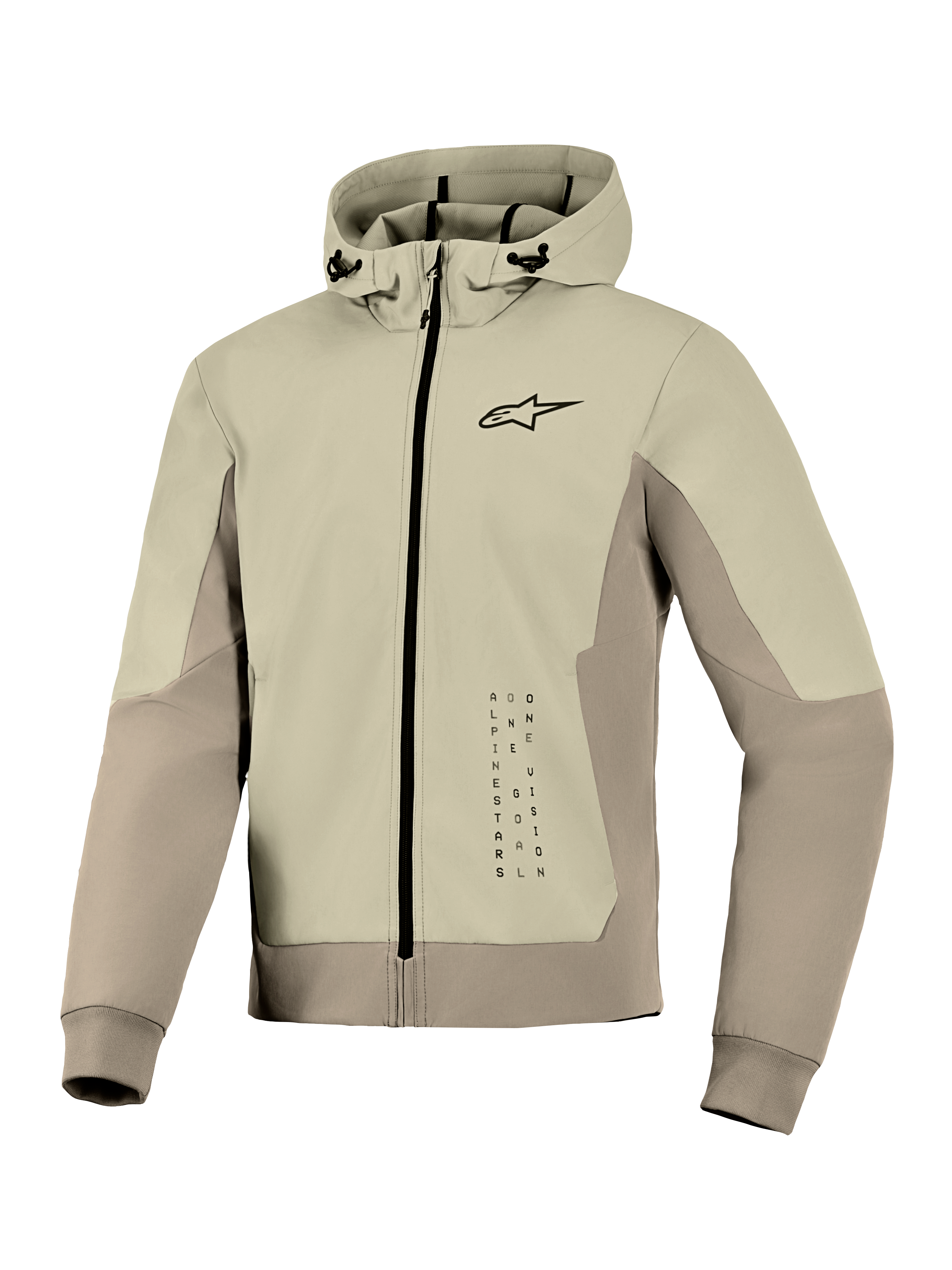 Alpinestars Radium Tech Hoodie, felpa tecnica da moto, colore Mastic Aluminum, design con chiusura a zip, piccolo logo nero sul petto e grafica verticale, guscio antivento con cappuccio regolabile