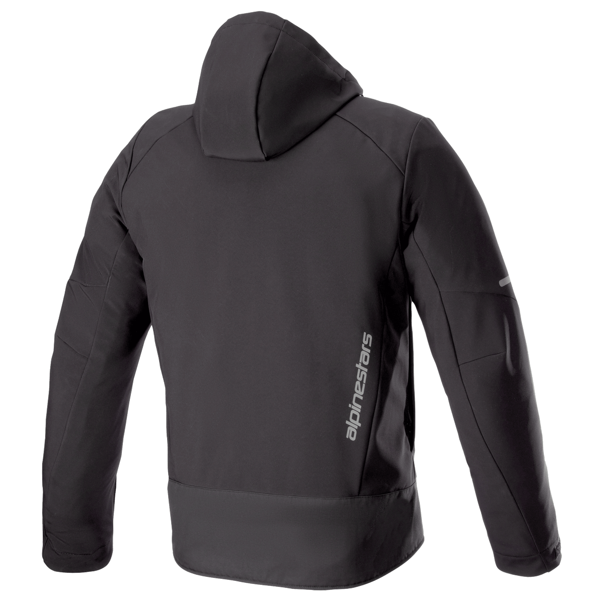 Alpinestars Neo Waterproof Hoodie, giacca tecnica da moto urbana, nero, vista posteriore con cappuccio staccabile, branding Alpinestars verticale argento sulla parte inferiore della schiena e inserti riflettenti sulle maniche