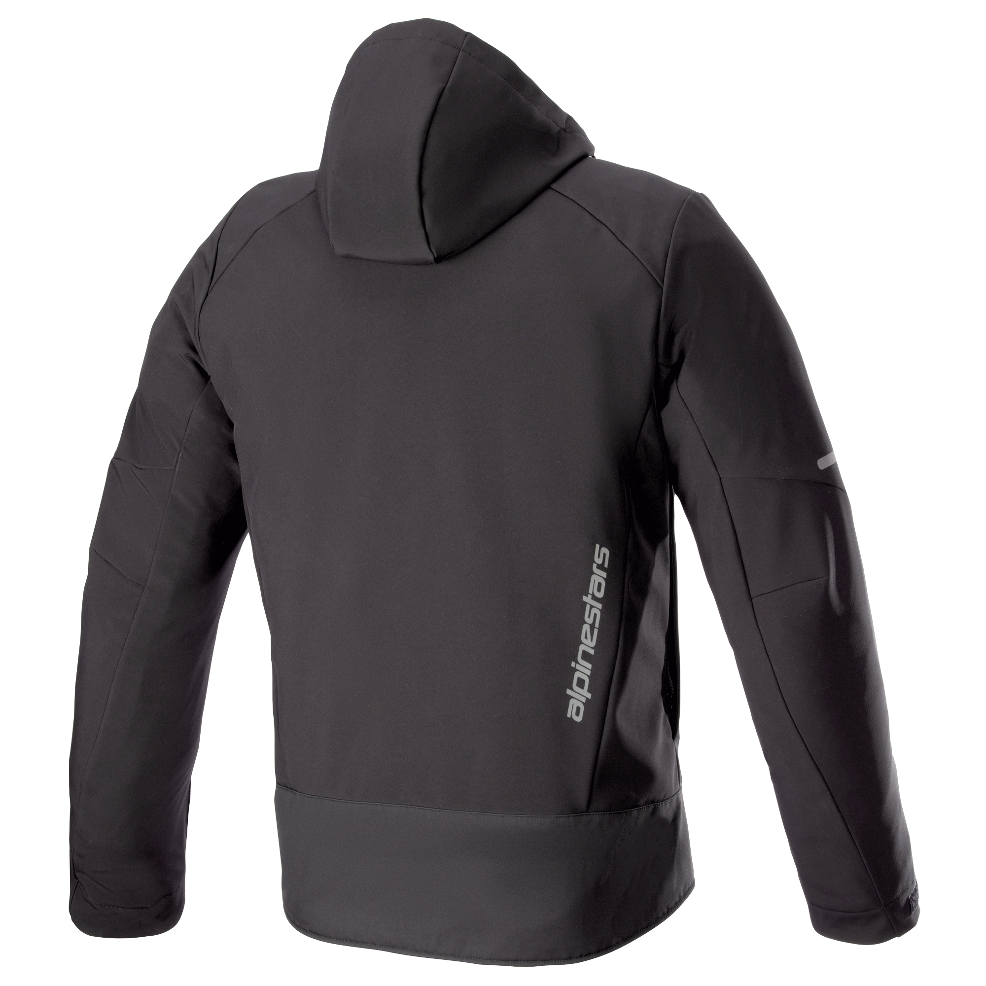 Alpinestars Neo Waterproof Hoodie, giacca tecnica da moto urbana, nero, vista posteriore con cappuccio staccabile, branding Alpinestars verticale argento sulla parte inferiore della schiena e inserti riflettenti sulle maniche