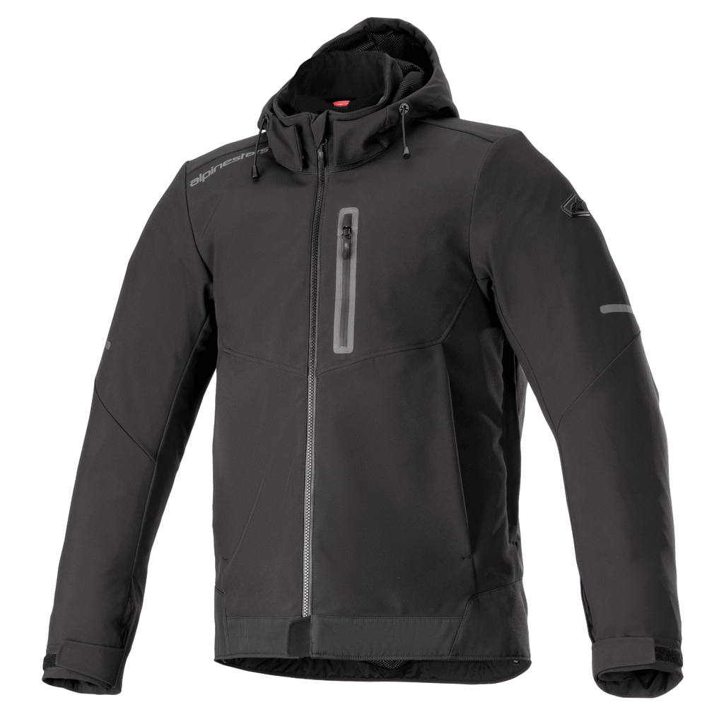 Alpinestars Neo Waterproof Hoodie, nero, giacca da moto urbana, tessuto liscio resistente all'acqua, zip frontale completa, tasca sul petto verticale con zip, cappuccio fisso con coulisse, dettagli riflettenti sulle maniche, polsini regolabili in velcro, stile tecnico urban