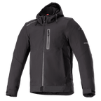 Alpinestars Neo Waterproof Hoodie, nero, giacca da moto urbana, tessuto liscio resistente all'acqua, zip frontale completa, tasca sul petto verticale con zip, cappuccio fisso con coulisse, dettagli riflettenti sulle maniche, polsini regolabili in velcro, stile tecnico urban
