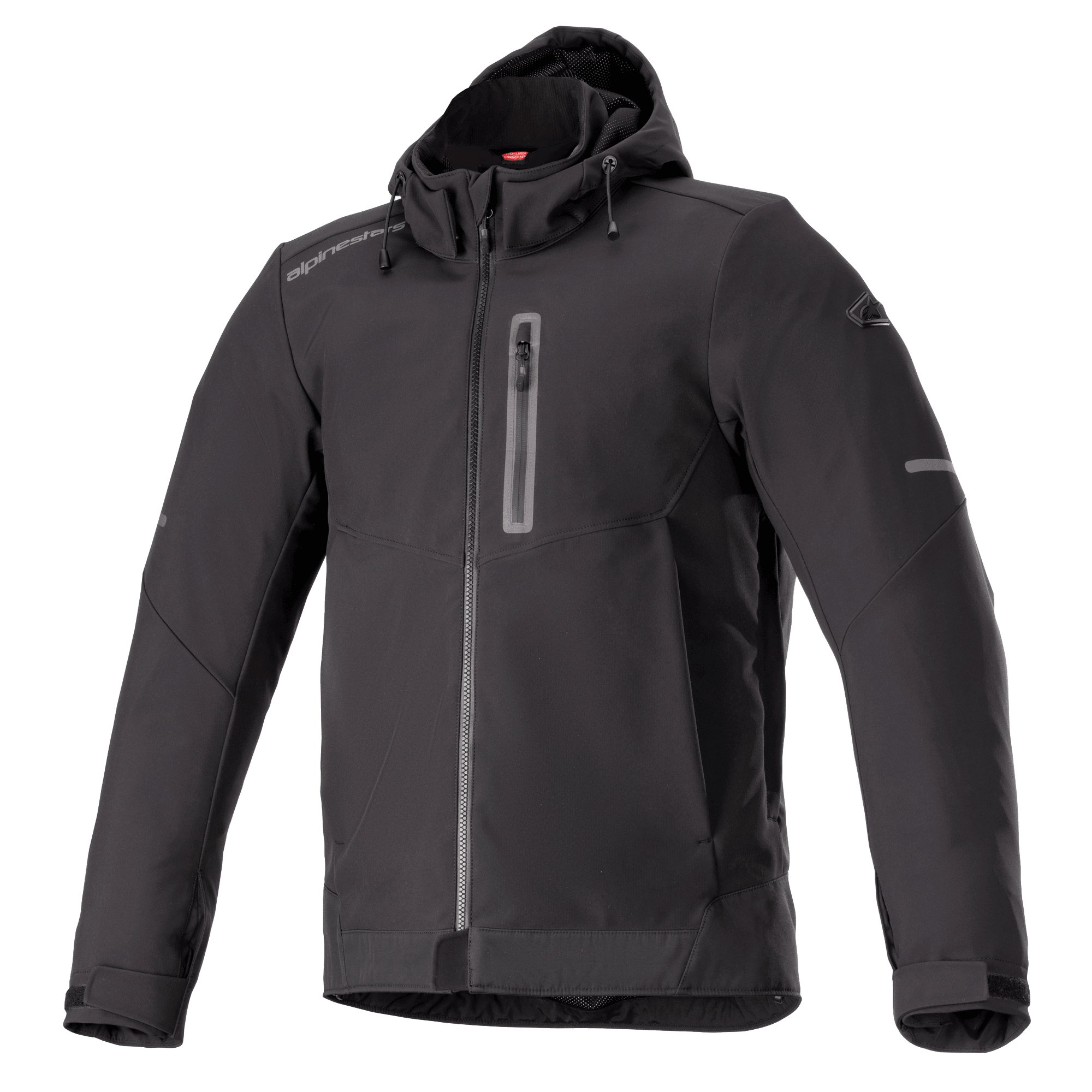 Alpinestars Neo Waterproof Hoodie, nero, giacca da moto urbana, tessuto liscio resistente all'acqua, zip frontale completa, tasca sul petto verticale con zip, cappuccio fisso con coulisse, dettagli riflettenti sulle maniche, polsini regolabili in velcro, stile tecnico urban