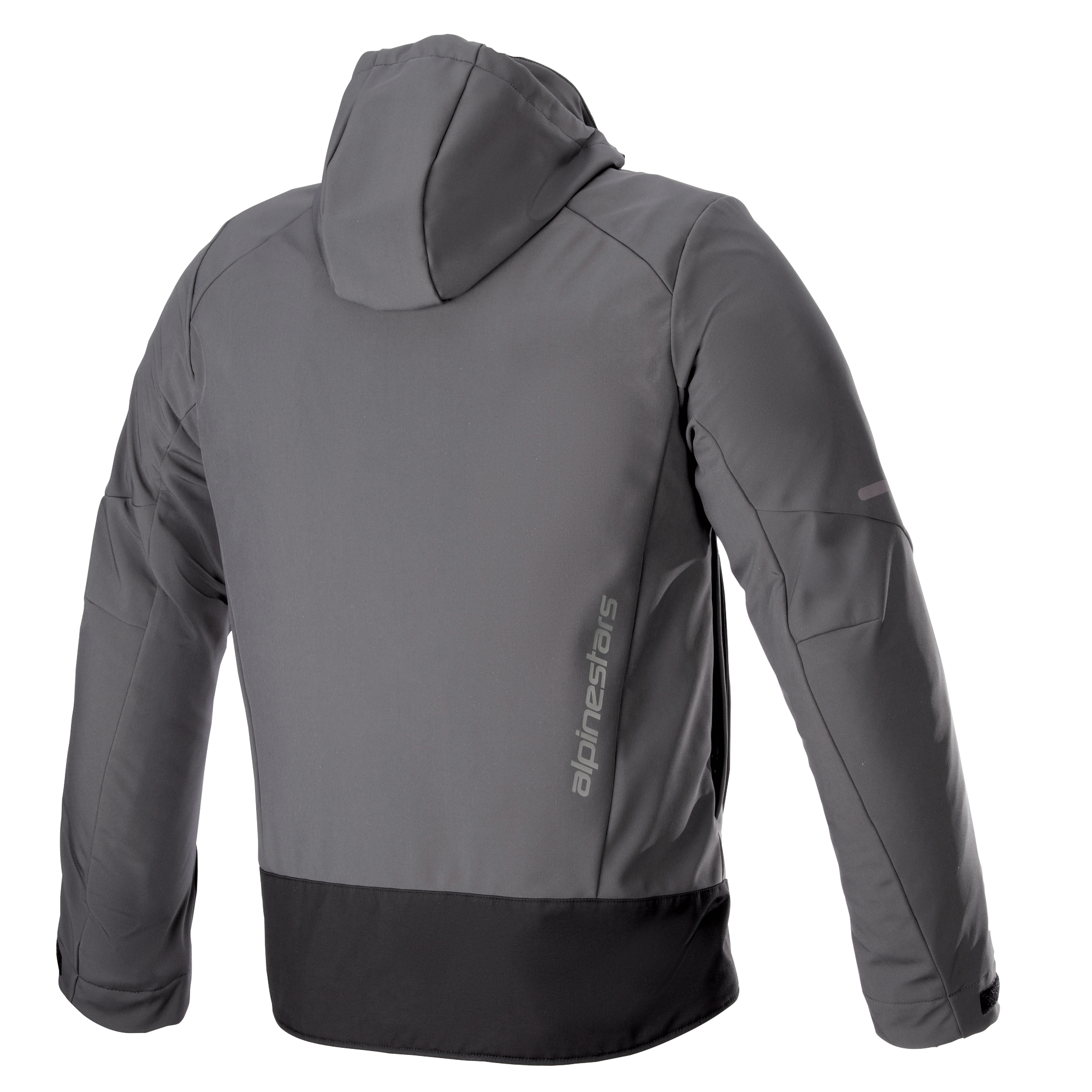 Alpinestars Neo Waterproof Hoodie, giacca tecnica da moto urbana, grigio Tar e nero, vista posteriore con logo Alpinestars verticale, cappuccio staccabile, costruzione in softshell impermeabile con pannello nero sul fondo