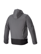 Alpinestars Giacca Con Cappuccio Neo Impermeabile, giacca da moto urban da uomo, grigia e nera, in tessuto softshell tecnico, vista posteriore con logo verticale.