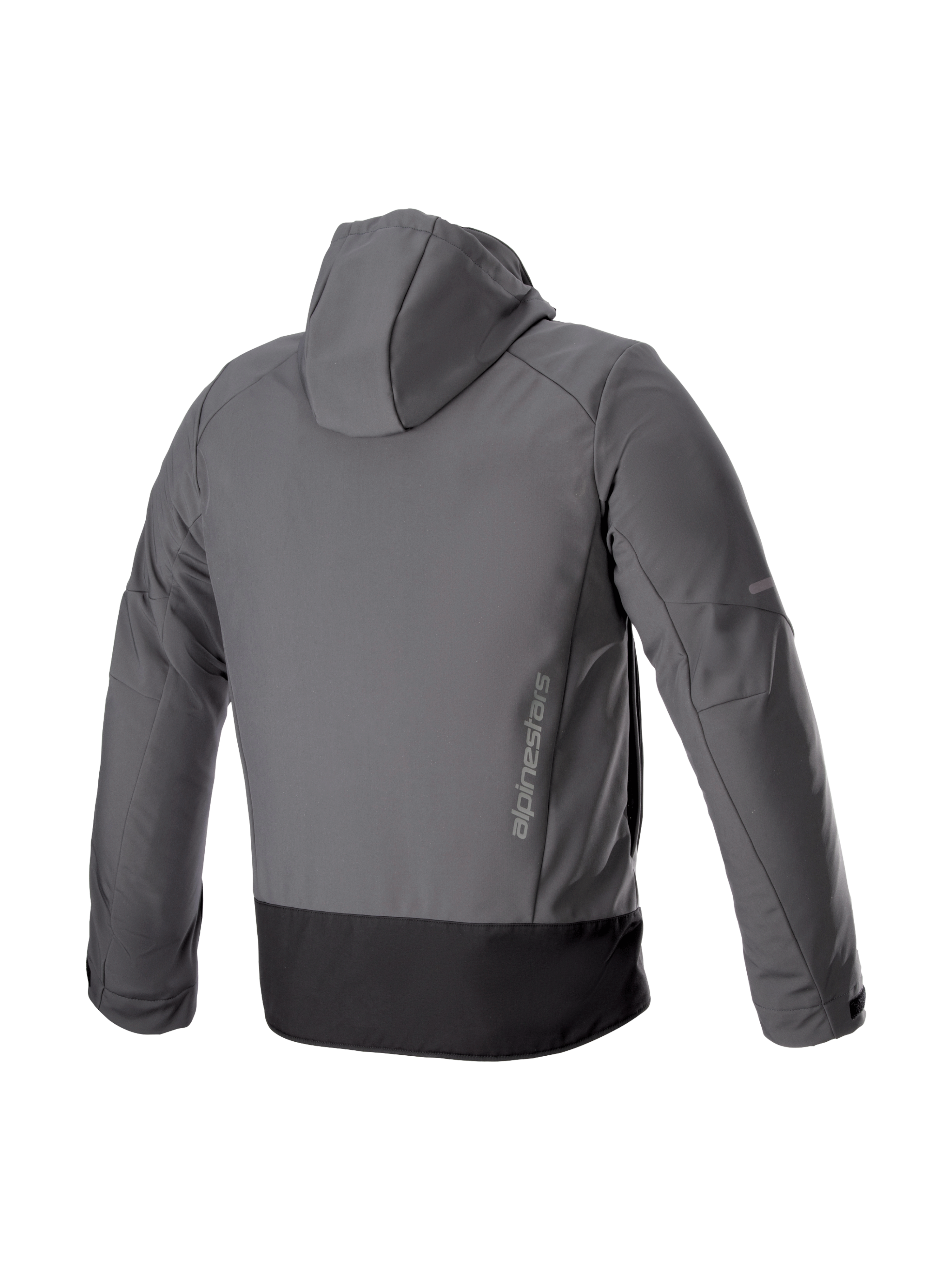 Alpinestars Giacca Con Cappuccio Neo Impermeabile, giacca da moto urban da uomo, grigia e nera, in tessuto softshell tecnico, vista posteriore con logo verticale.